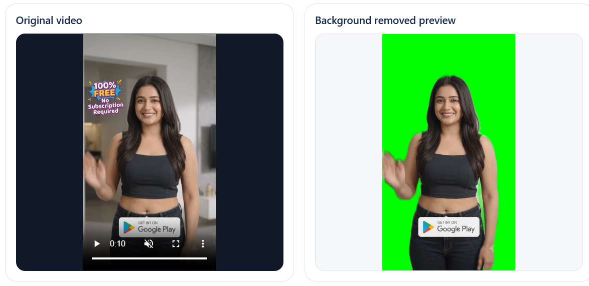 Example showing the original video beside the processed background-removed preview.